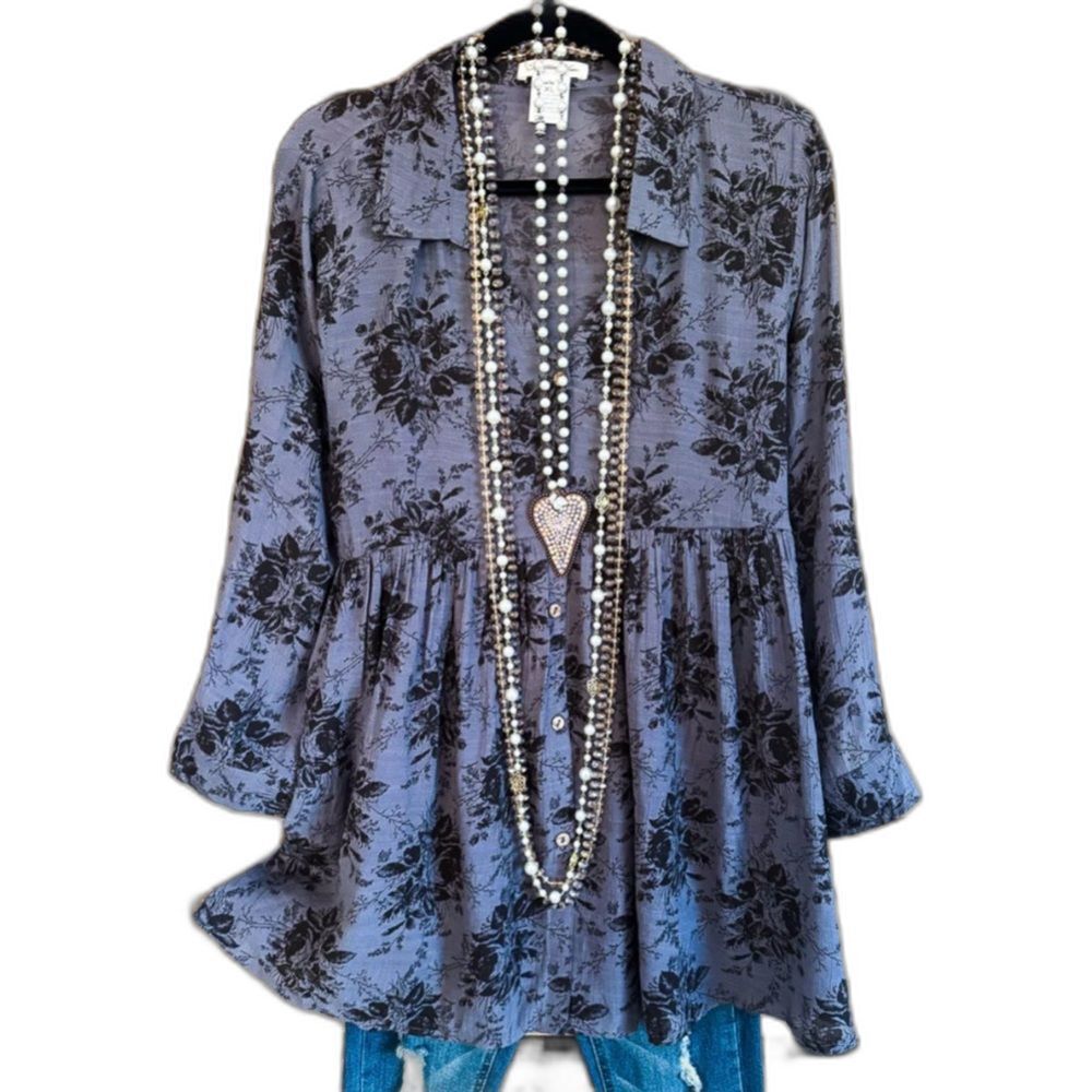 Paisley Vine Elegant Gray Floral Button Up Blouse